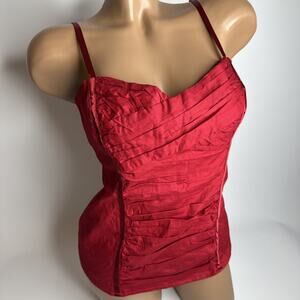 Y2K 2b Bebe Red Ruched Corset Cami Top M Smocked Back Rockabilly Pinup Bombshell